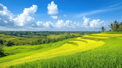 Obraz premium Rice paddies in various shades of green and yellow on a sunny day, with a distant horizon.