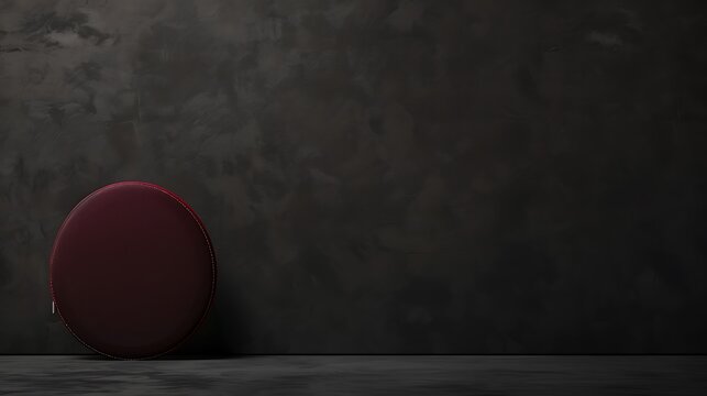 Minimalist design, black background, small round mirror, maroon case, left side, dark grey backdrop, high-res, copy space