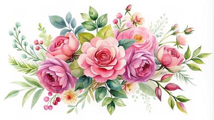 Fototapeta premium A Delicate Arrangement of Watercolor Roses and Foliage, Featuring a Mix of Pink and Purple Hues, Creating a Romantic and Elegant Floral Composition