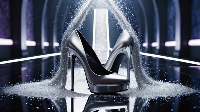 chic patent leather silver stiletto shoes on a dark background fashionable