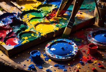 close vibrant paint palette showcasing array colors artistic inspiration creative expression, acrylic, oil, watercolor, shades, brush, texture, canvas