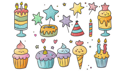 Set of fun and engaging birthday coloring page icons on transparent background, perfect for kids’ party invitations, activities, or creative projects.