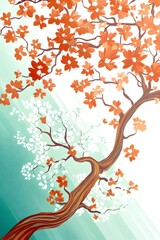 Abstract Watercolor Branch with Orange and White Flowers on Teal Background