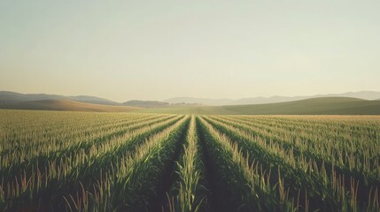 Fototapeta premium Rows of tall corn plants standing in perfect alignment, with a clear sky and distant hills.