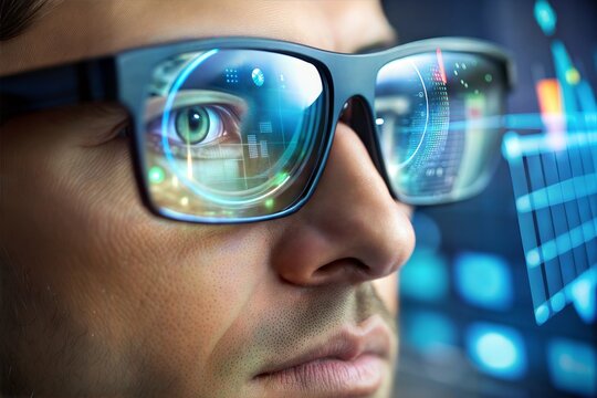Augmented reality innovation man with glasses displaying digital interface