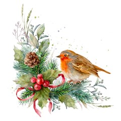 Robin bird. Mistletoe watercolor corner garland with fir cone, green leaves and herbs. Red berries. Christmas decor.	
