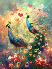 Fototapeta premium An enchanting illustration depicts vivid peacocks in a whimsical garden with colorful flowers and floating hearts, symbolizing love and beauty in a magical and surreal setting