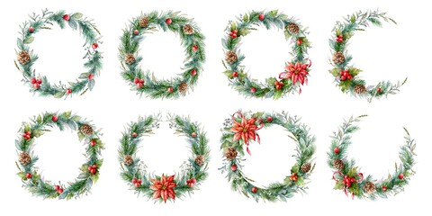 Watercolor Christmas wreaths set. Christmas decor with fir branches, mistletoe, red poinsettia flowers, berries, fir cones. 