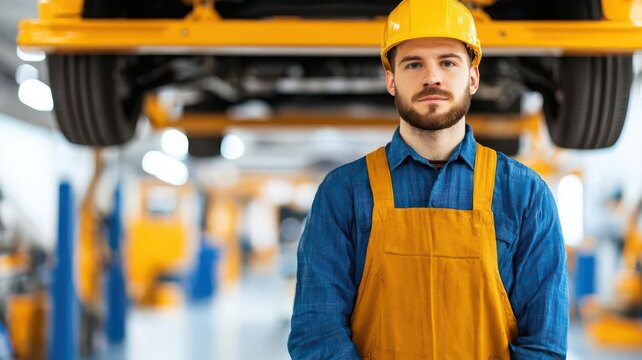 A confident male mechanic in work attire stands in an automotive workshop. Background features tools and machinery, highlighting a professional environment.