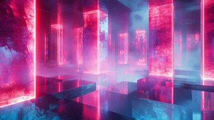 Fototapeta premium Neon Glowing Pillars in a Futuristic, Smoky Room