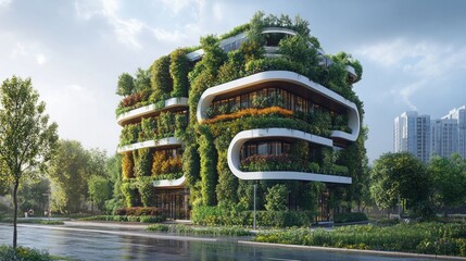 Naklejka premium A modern, eco-friendly building with a green wall and curved balconies.