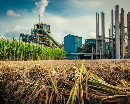 Sugarcane Processing Plant Surrounded by Harvest Ready Fields Industrial Renewable Energy Concept