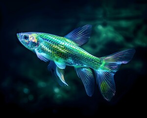 Neon Fish Swimming in Vibrant Iridescent Colors Against Dark Backdrop