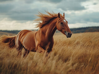 Obraz premium brown horse with a magnificent mane galloping across the field