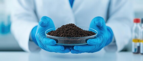 A scientist holds a petri dish filled with black soil or material, wearing blue gloves, in a laboratory setting with scientific instruments in the background.