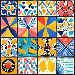 Hand-drawn 2D Doodle Tile and Carpet Patterns with White Borders – Geometric, Floral, and Abstract Designs