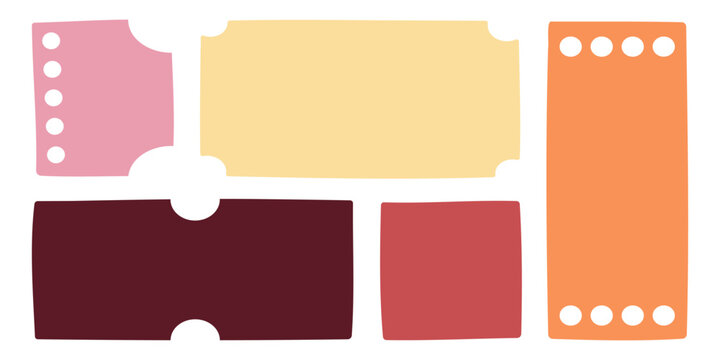 Empty text frames with stabbing, hand drawn tickets and coupons, colorful blank text and message boxes. Vector illustration.