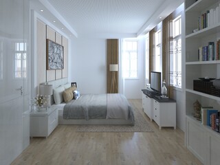 Mock up of a bright bedroom with a wide stylish bed and a light decorative background, 3D rendering.