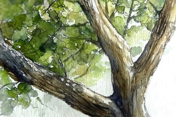 Fototapeta premium Watercolor Painting of Tree Trunk and Branches with Green Foliage