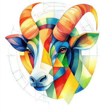 Abstrakte Wasserfarben-Illustration des Sternzeichens Widder mit geometrischen Formen