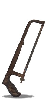 A rusty hacksaw with a brown handle and worn blade, shown on a white background.