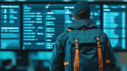 Fototapeta premium A traveler standing in front of a digital flight information board at an airport, reflecting anticipation and excitement for their journey ahead.