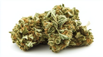 Trio of dense cannabis buds with visible trichomes and orange hairs, isolated on a white background.