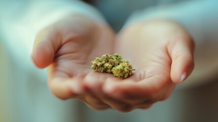 Hands gently holding cannabis bud, soft natural lighting and close-up view.