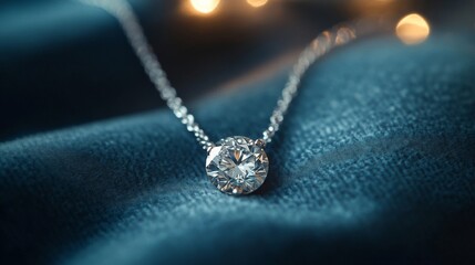 Fototapeta premium A Close-Up of a Diamond Pendant Necklace on a Blue Velvet Surface