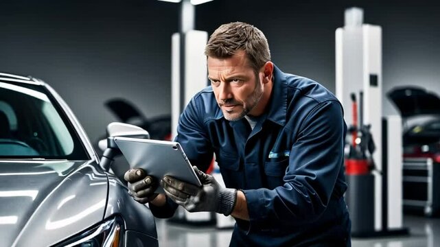 master auto mechanic with tablet car diagnostics in auto repair shop