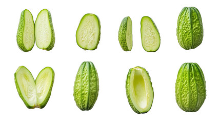 fresh chayote fruit isolated on transparent background in various angles and positions, cut and whole
