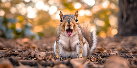 Fototapeta premium Autumn Surprise: Close-Up of a Squirrel in Fall Leaves