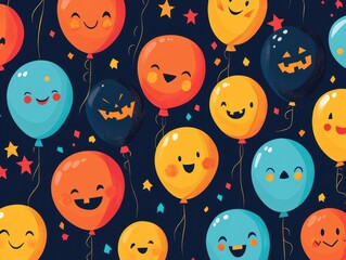 Colorful Balloons with Happy Faces and Confetti on Dark Background