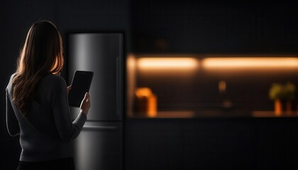 Fototapeta premium A woman standing in a modern kitchen, holding a tablet, with a sleek refrigerator in the background and warm lighting accentuating a stylish and cozy atmosphere.