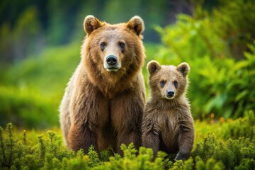 Fototapeta premium mother and cub bear in natural habitat, high angle view