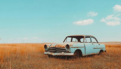 Fototapeta premium An old, rusty blue car sits abandoned in a vast golden field under a clear blue sky, evoking a sense of nostalgia and the passage of time.
