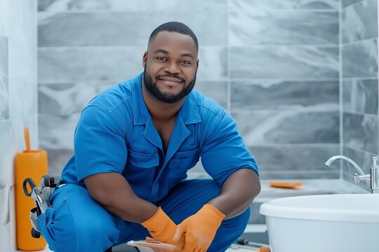 Plumber in blue uniform crouching in modern bathroom with plumbing tools, smiling at camera, professional repair service concept