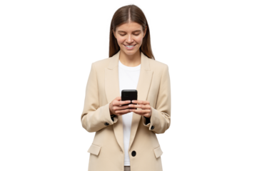 Woman CEO in jacket using phone to make appointment with partners, isolated on gray background