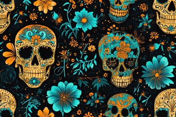 Day of Dead, Dia de los Muertos fiesta, skeleton in Mexican costumes and sombrero, play music and dance