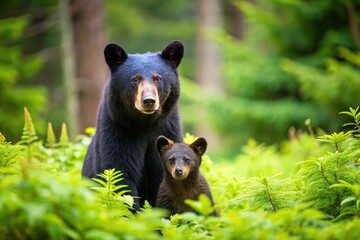 Fototapeta premium Mother black bear and cub in green forest
