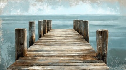 Obraz premium Rustic weathered wooden dock overlooking the tranquil sea and scenic coastal views