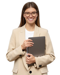 Portrait of university female student or teacher holding laptop