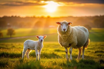 Naklejka premium Mother sheep and lamb grazin in golden hour sunshine on pastoral farmland leading lines