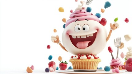 Happy food stylist cartoon character with a big smile, styling a dessert, isolated on white