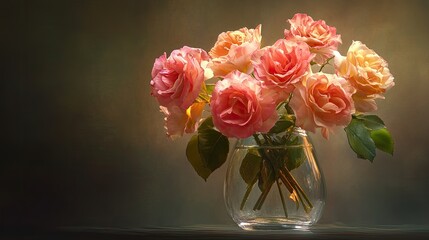 Vibrant pink and orange flowers in a clear glass vase, with gentle lighting highlighting the soft textures of the petals