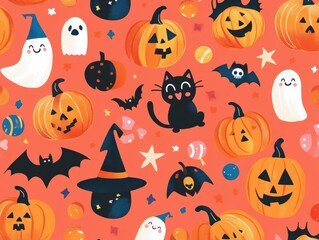 A Seamless Pattern of Fun and Friendly Halloween Characters on a Coral Background