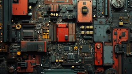 A close-up view of a complex circuit board with various components and connections. The board is covered in a layer of dust and grime, suggesting it has been used extensively. 