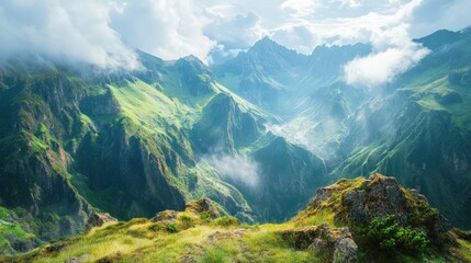 Obraz premium Majestic mountain range with cloudy sky and green hills.