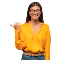 Young woman pointing to the side, showing offer