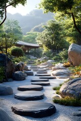 A peaceful scene in a futuristic garden